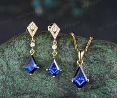 Vintage Kite cut blue sapphire earrings necklace set solid 9k 14k yellow gold bezel halo moissanite unique pendant Women anniversary gift
