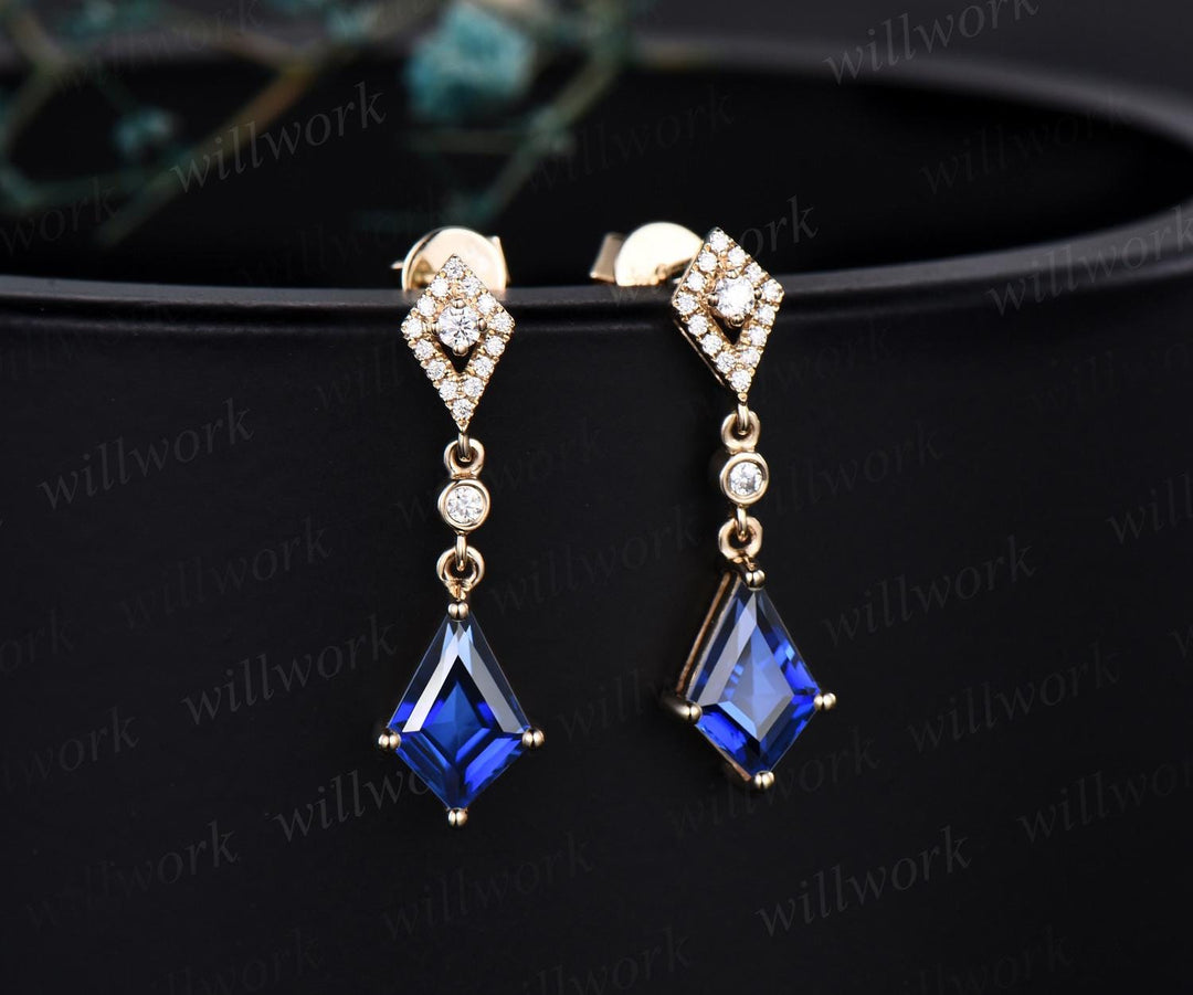 Vintage Kite cut blue sapphire earrings necklace set solid 9k 14k yellow gold bezel halo moissanite unique pendant Women anniversary gift