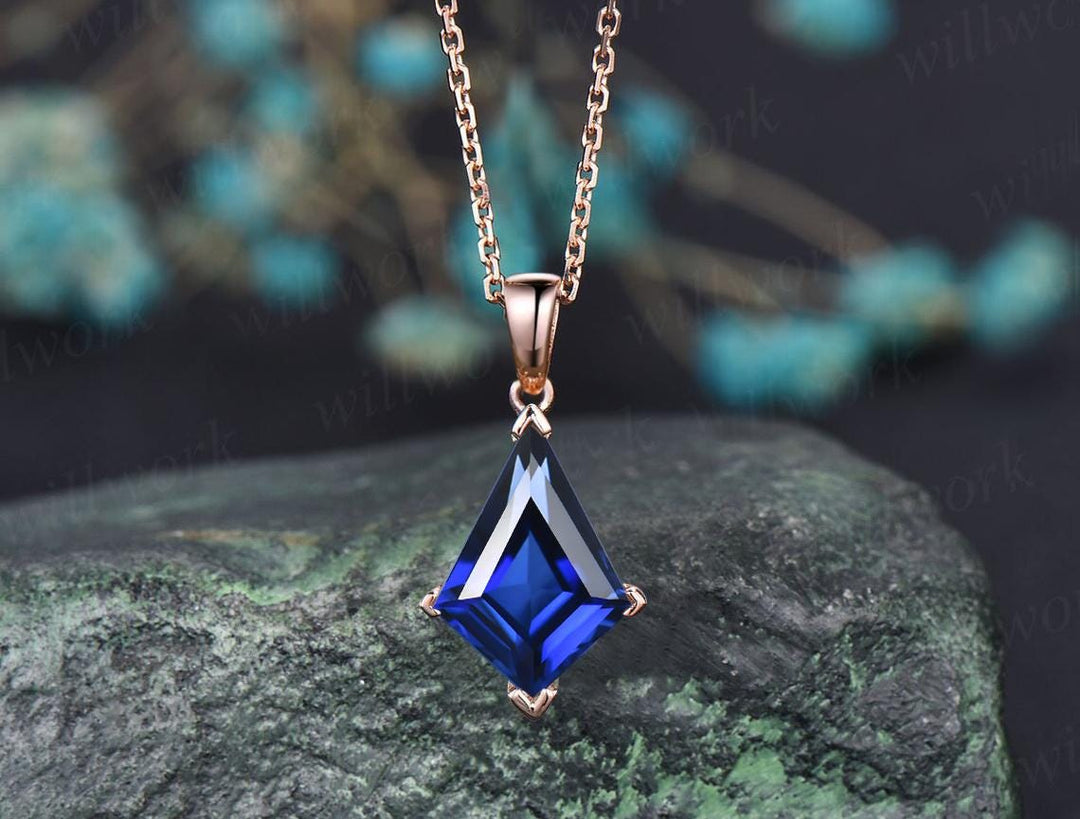 Vintage Kite cut blue sapphire earrings necklace set solid 9k 14k yellow gold bezel halo moissanite unique pendant Women anniversary gift