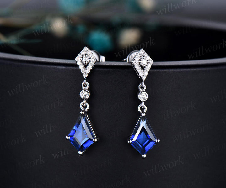 Vintage Kite cut blue sapphire earrings necklace set solid 9k 14k yellow gold bezel halo moissanite unique pendant Women anniversary gift