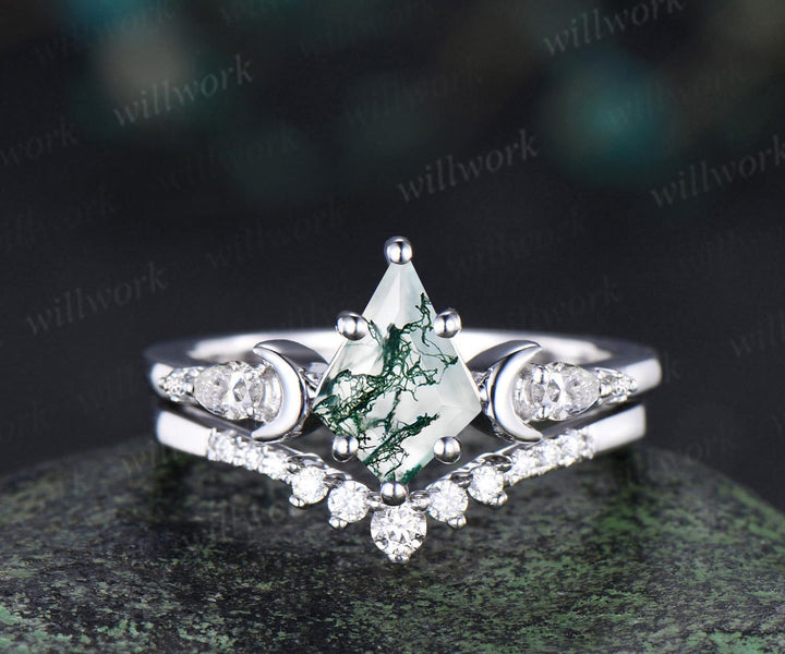 3pc kite cut natural moss agate ring vintage white gold moon five stone engagement ring set diamond unique wedding promise ring women silver