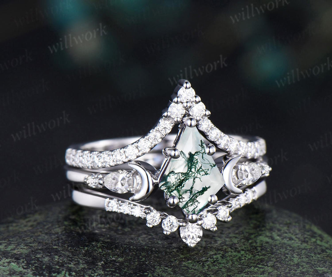 3pc kite cut natural moss agate ring vintage white gold moon five stone engagement ring set diamond unique wedding promise ring women silver