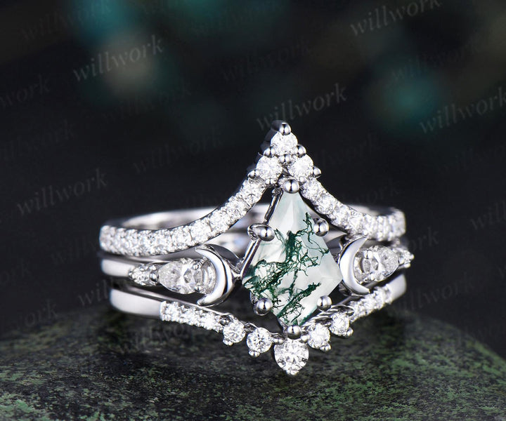 3pc kite cut natural moss agate ring vintage white gold moon five stone engagement ring set diamond unique wedding promise ring women silver