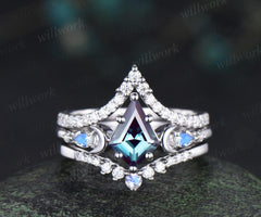 3pc kite cut Alexandrite ring vintage white gold moon five stone engagement ring set moonstone diamond unique wedding promise ring women