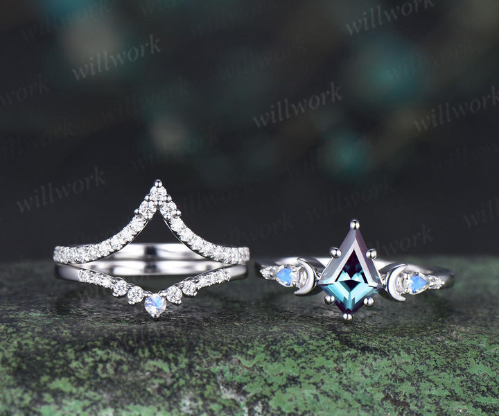 3pc kite cut Alexandrite ring vintage white gold moon five stone engagement ring set moonstone diamond unique wedding promise ring women