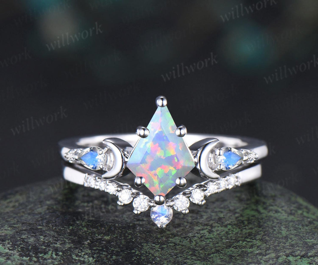3pc kite cut opal ring vintage white gold moon five stone engagement ring set moonstone diamond unique wedding bridal ring set gift women
