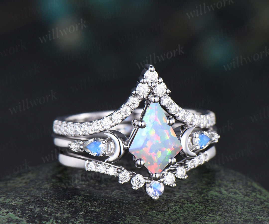 3pc kite cut opal ring vintage white gold moon five stone engagement ring set moonstone diamond unique wedding bridal ring set gift women