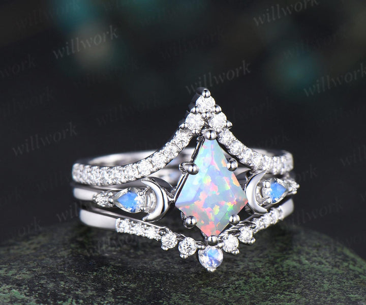 3pc kite cut opal ring vintage white gold moon five stone engagement ring set moonstone diamond unique wedding bridal ring set gift women