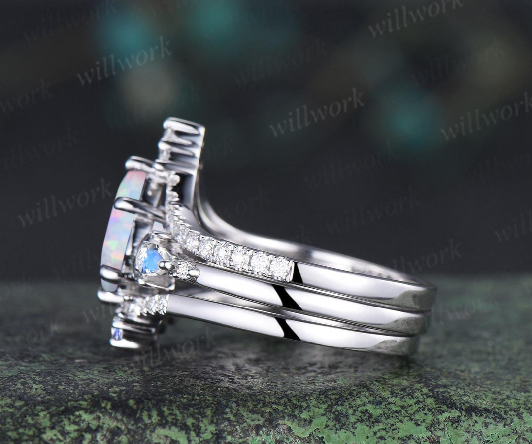 3pc kite cut opal ring vintage white gold moon five stone engagement ring set moonstone diamond unique wedding bridal ring set gift women