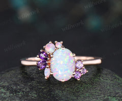 Oval white opal engagement ring rose gold 6 prong cluster amethyst ring dainty wedding bridal ring women