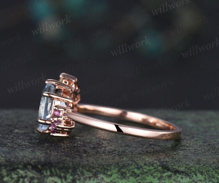 Oval cut natural aquamarine engagement ring 14k rose gold 6 prong cluster amethyst peridot ring dainty wedding promise ring women