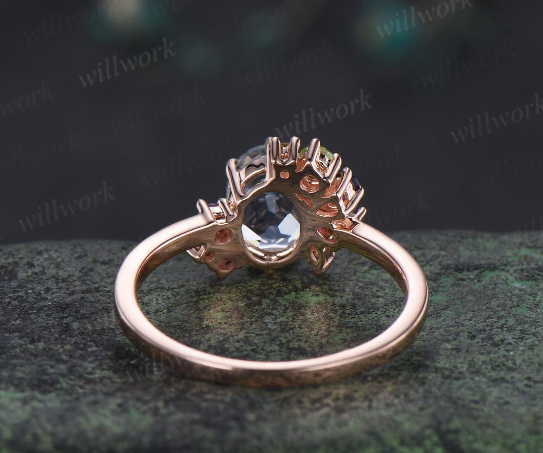 Oval cut natural aquamarine engagement ring 14k rose gold 6 prong cluster amethyst peridot ring dainty wedding promise ring women