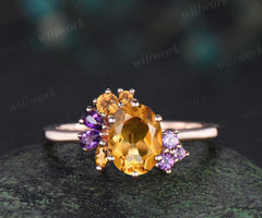 Oval cut yellow citrine engagement ring 14k rose gold 6 prong cluster amethyst ring women anniversary gift for her November birthstone ring