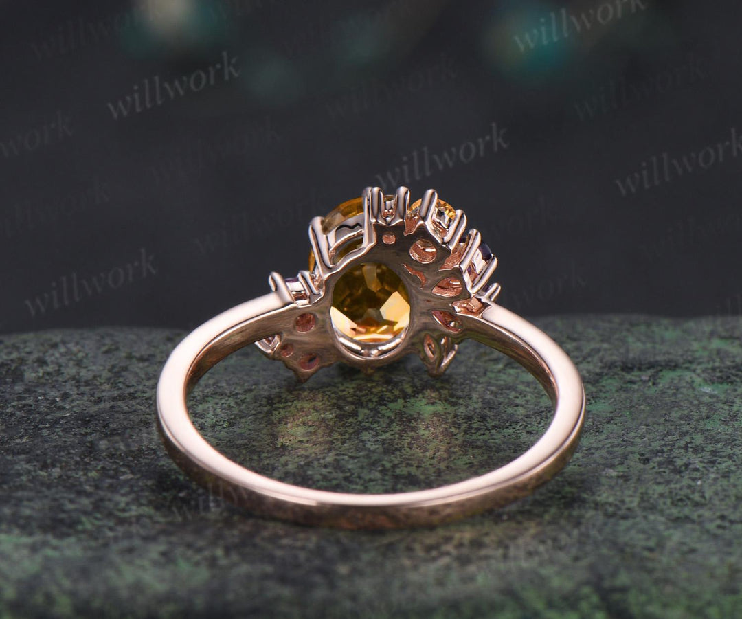 Oval cut yellow citrine engagement ring 14k rose gold 6 prong cluster amethyst ring women anniversary gift for her November birthstone ring
