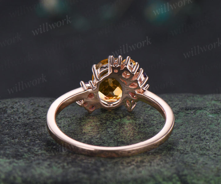 Oval cut yellow citrine engagement ring 14k rose gold 6 prong cluster amethyst ring women anniversary gift for her November birthstone ring