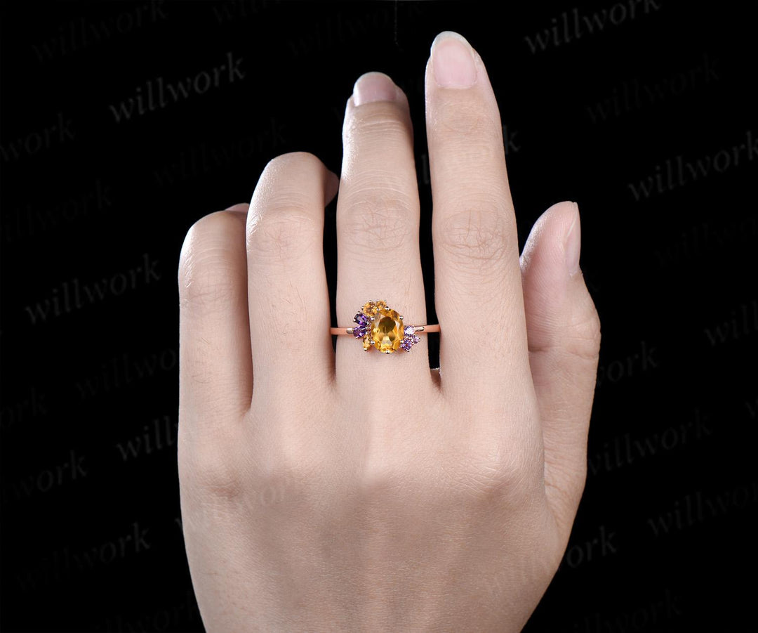 Oval cut yellow citrine engagement ring 14k rose gold 6 prong cluster amethyst ring women anniversary gift for her November birthstone ring