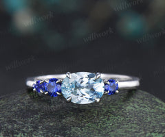 1ct Aquamarine sapphire engagement ring oval cut solid 14k white gold east to west unique promise wedding ring women claw prong ring silver
