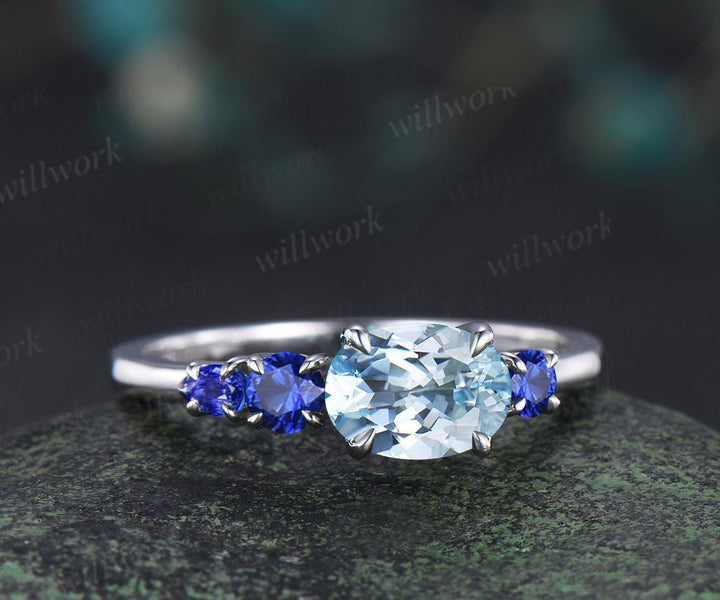 1ct Aquamarine sapphire engagement ring oval cut solid 14k white gold east to west unique promise wedding ring women claw prong ring silver