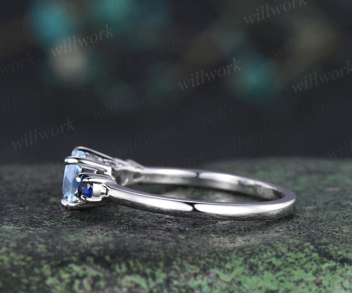 1ct Aquamarine sapphire engagement ring oval cut solid 14k white gold east to west unique promise wedding ring women claw prong ring silver
