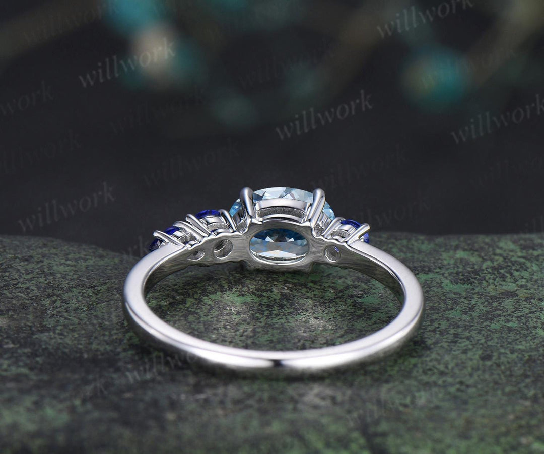 1ct Aquamarine sapphire engagement ring oval cut solid 14k white gold east to west unique promise wedding ring women claw prong ring silver