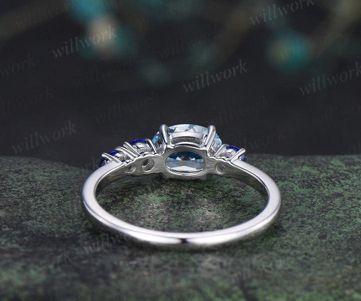 1ct Aquamarine sapphire engagement ring oval cut solid 14k white gold east to west unique promise wedding ring women claw prong ring silver