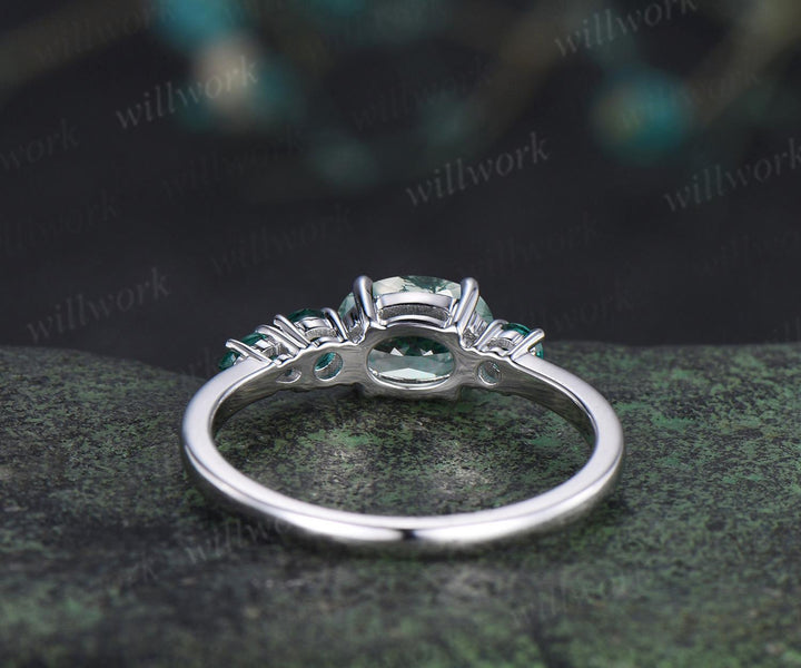 1ct moss agate emerald engagement ring oval cut solid 14k white gold east to west unique promise wedding ring women four stone ring silver