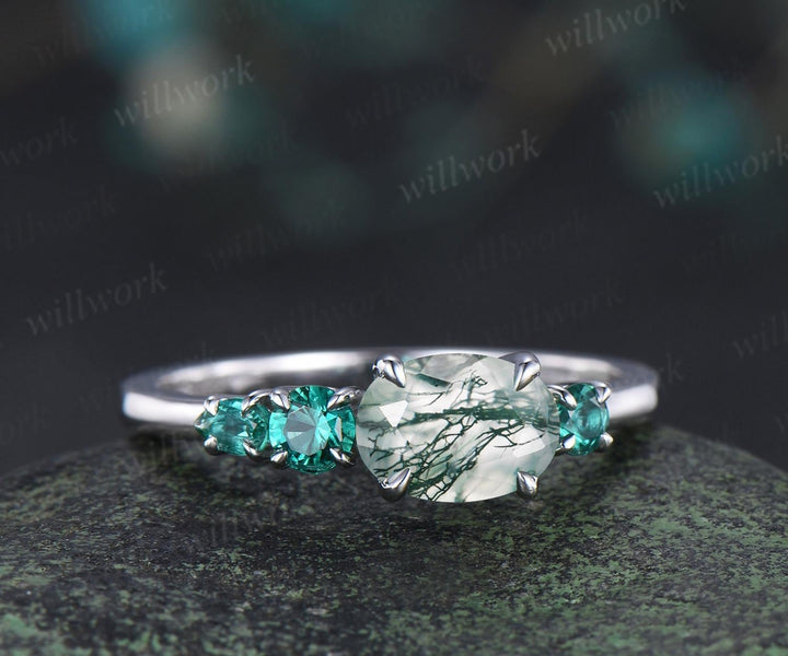 1ct moss agate emerald engagement ring oval cut solid 14k white gold east to west unique promise wedding ring women four stone ring silver