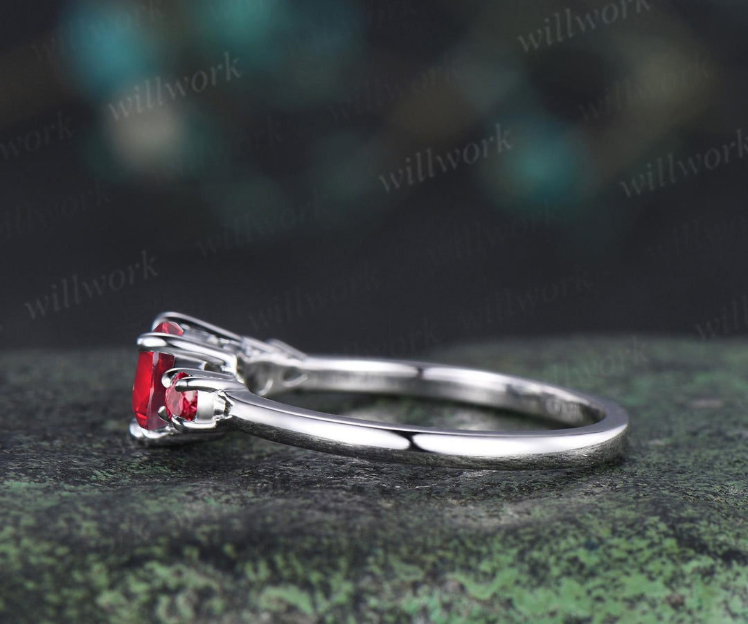 1ct oval cut red ruby engagement ring solid 14k white gold east to west unique promise wedding ring women four stone ring silver