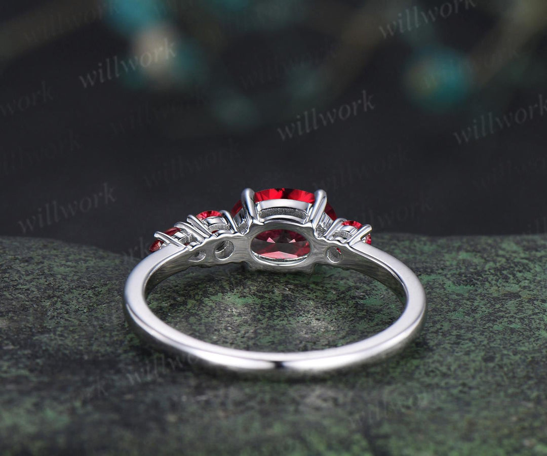 1ct oval cut red ruby engagement ring solid 14k white gold east to west unique promise wedding ring women four stone ring silver