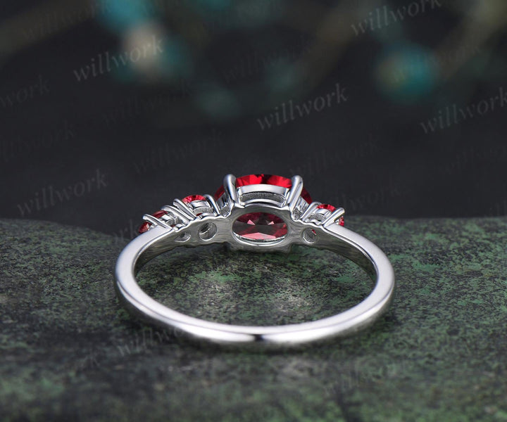 1ct oval cut red ruby engagement ring solid 14k white gold east to west unique promise wedding ring women four stone ring silver
