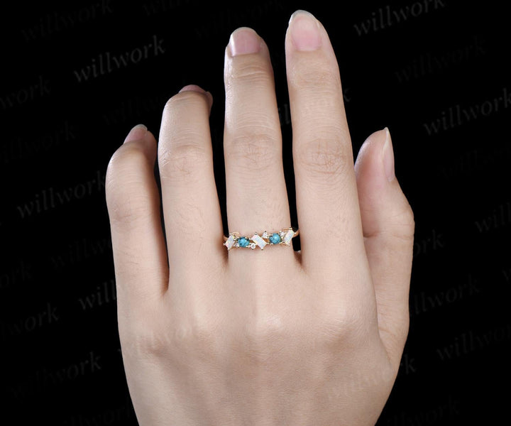 Turquoise ring cluster baguette cut opal wedding band 14k yellow gold moissanite Multi-stone ring unique dainty bridal ring women gift