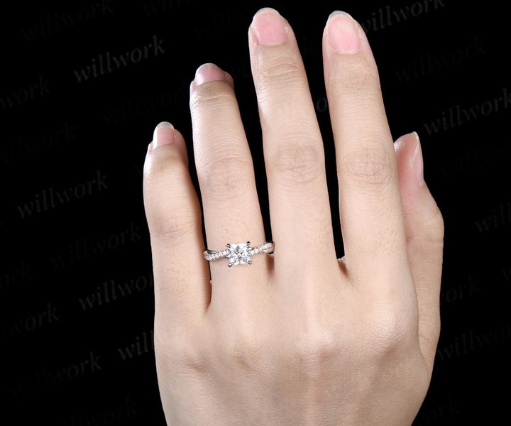 Princess cut IGI lab grown diamond engagement ring solid 14k white gold 3/4 eternity rope wrapping promise ring women