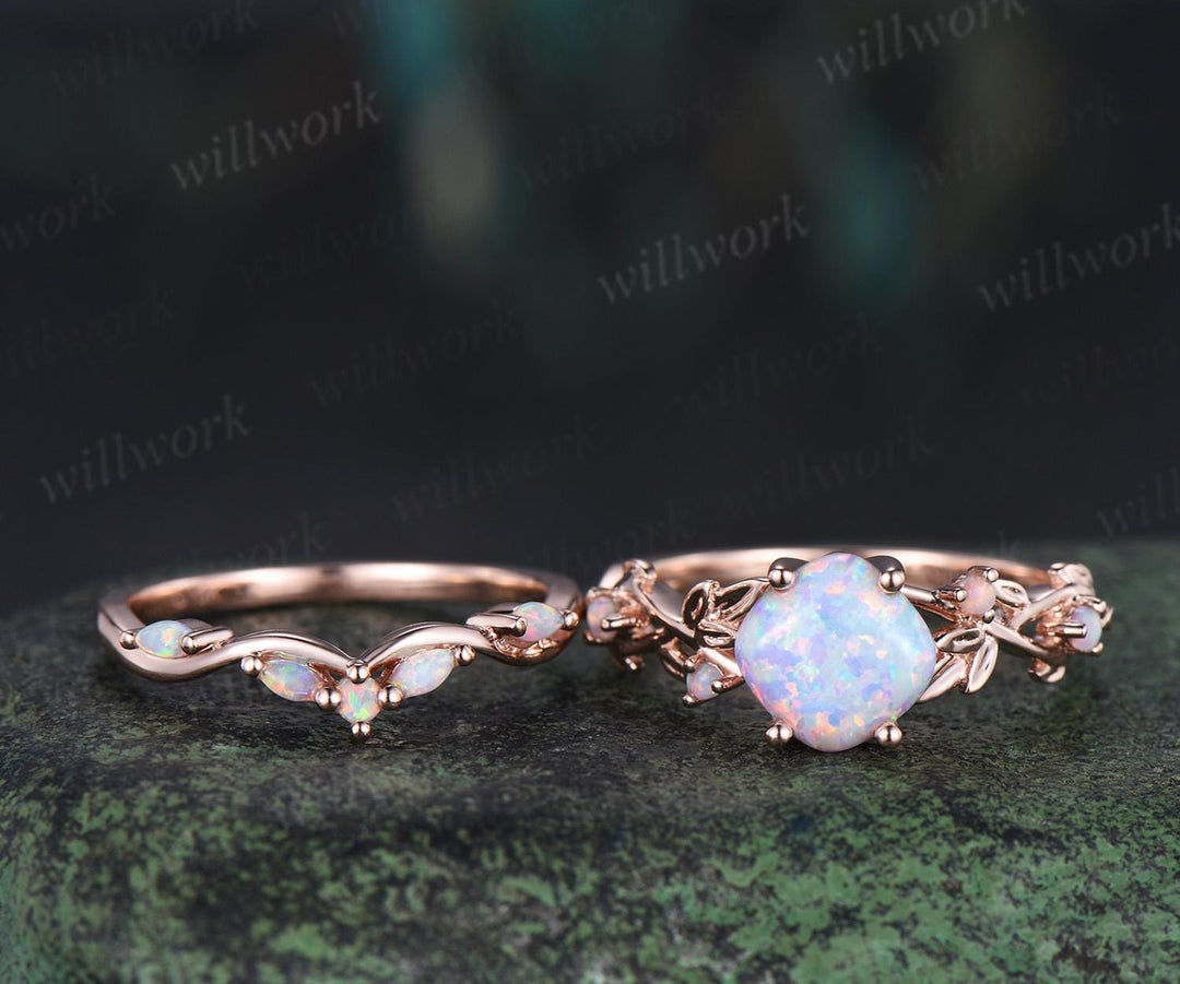 Vintage cushion white opal leaf engagement ring set 14k rose gold five stone cluster opal Nature inspired wedding ring set jewelry