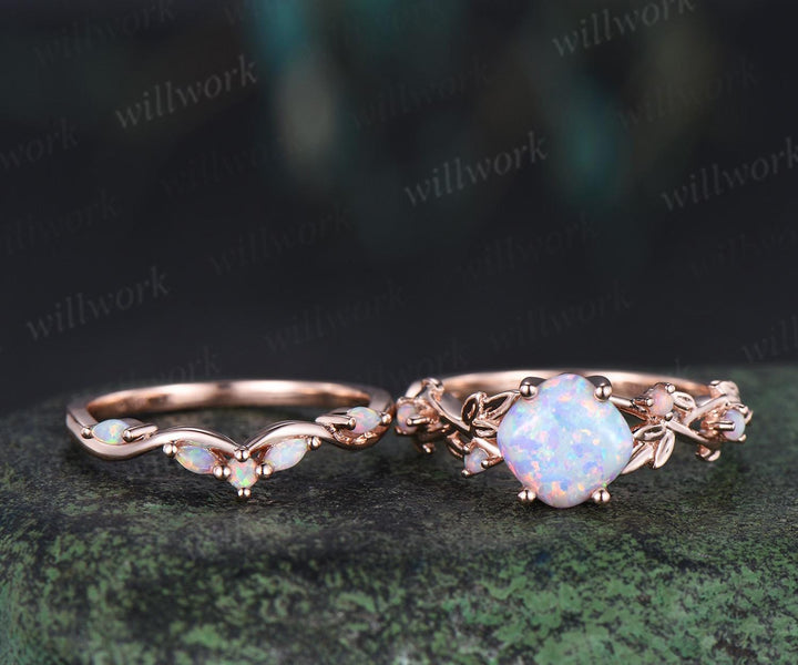 Vintage cushion white opal leaf engagement ring set 14k rose gold five stone cluster opal Nature inspired wedding ring set jewelry