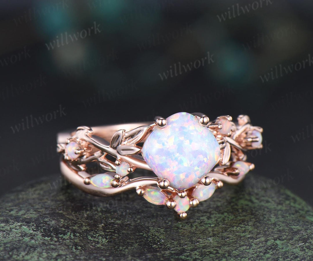 Vintage cushion white opal leaf engagement ring set 14k rose gold five stone cluster opal Nature inspired wedding ring set jewelry