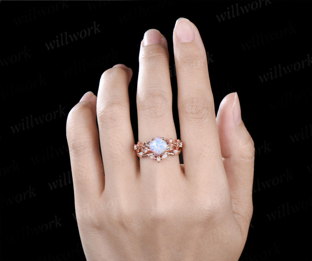 Vintage cushion white opal leaf engagement ring set 14k rose gold five stone cluster opal Nature inspired wedding ring set jewelry