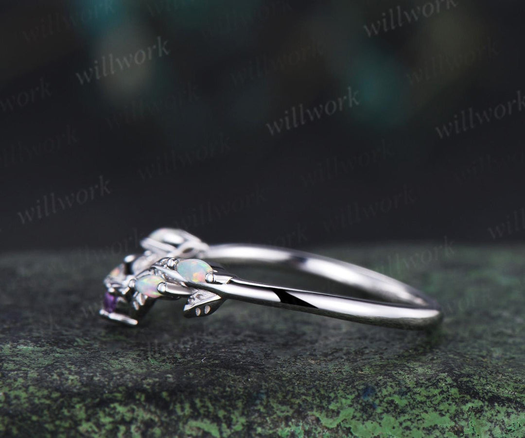 Curved amethyst marquise opal leaf wedding band solid 14k white gold stacking bridal wedding ring women