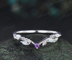 Curved amethyst marquise opal leaf wedding band solid 14k white gold stacking bridal wedding ring women