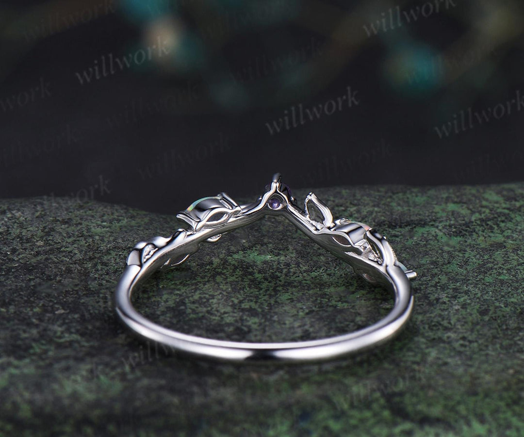 Curved amethyst marquise opal leaf wedding band solid 14k white gold stacking bridal wedding ring women