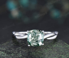 Cushion cut natural moss agate engagement ring infinity cross rope wrapping Solitaire solid 14k white gold wedding ring women jewelry