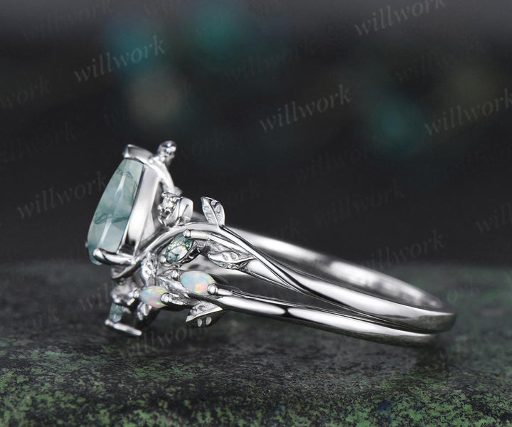 Teardrop pear cut moss agate ring vintage white gold leaf moon engagement ring set nature inspired marquise opal wedding ring silver
