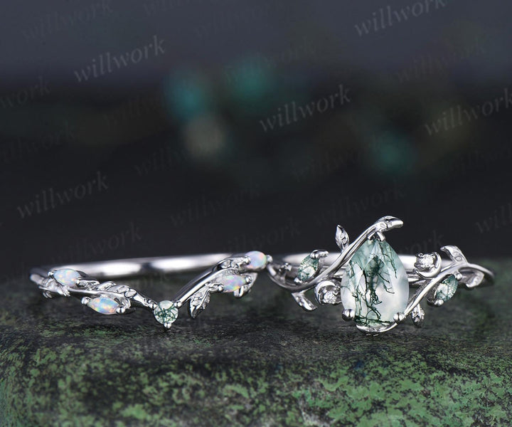 Teardrop pear cut moss agate ring vintage white gold leaf moon engagement ring set nature inspired marquise opal wedding ring silver