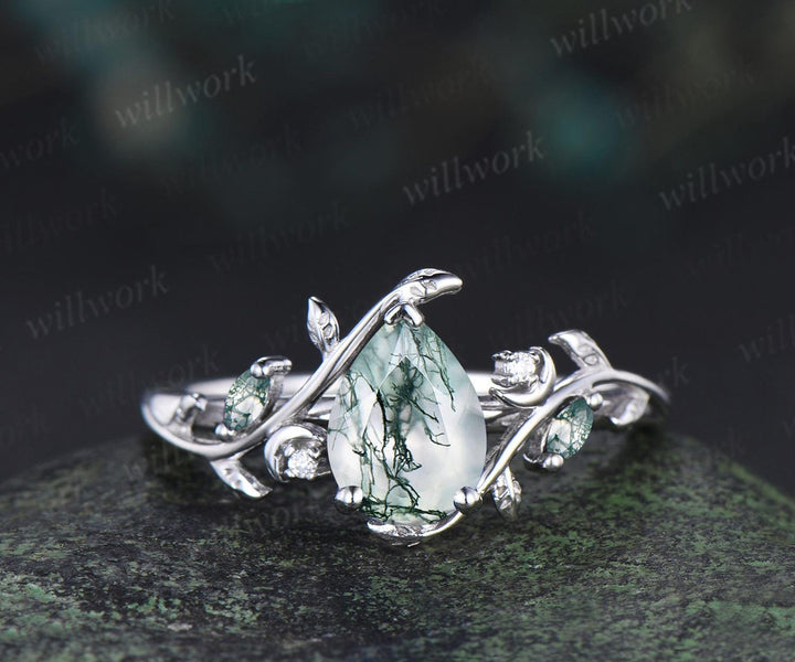 Teardrop pear cut moss agate ring vintage white gold leaf moon engagement ring set nature inspired marquise opal wedding ring silver
