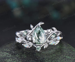 Teardrop pear cut moss agate ring vintage white gold leaf moon engagement ring set nature inspired marquise opal wedding ring silver