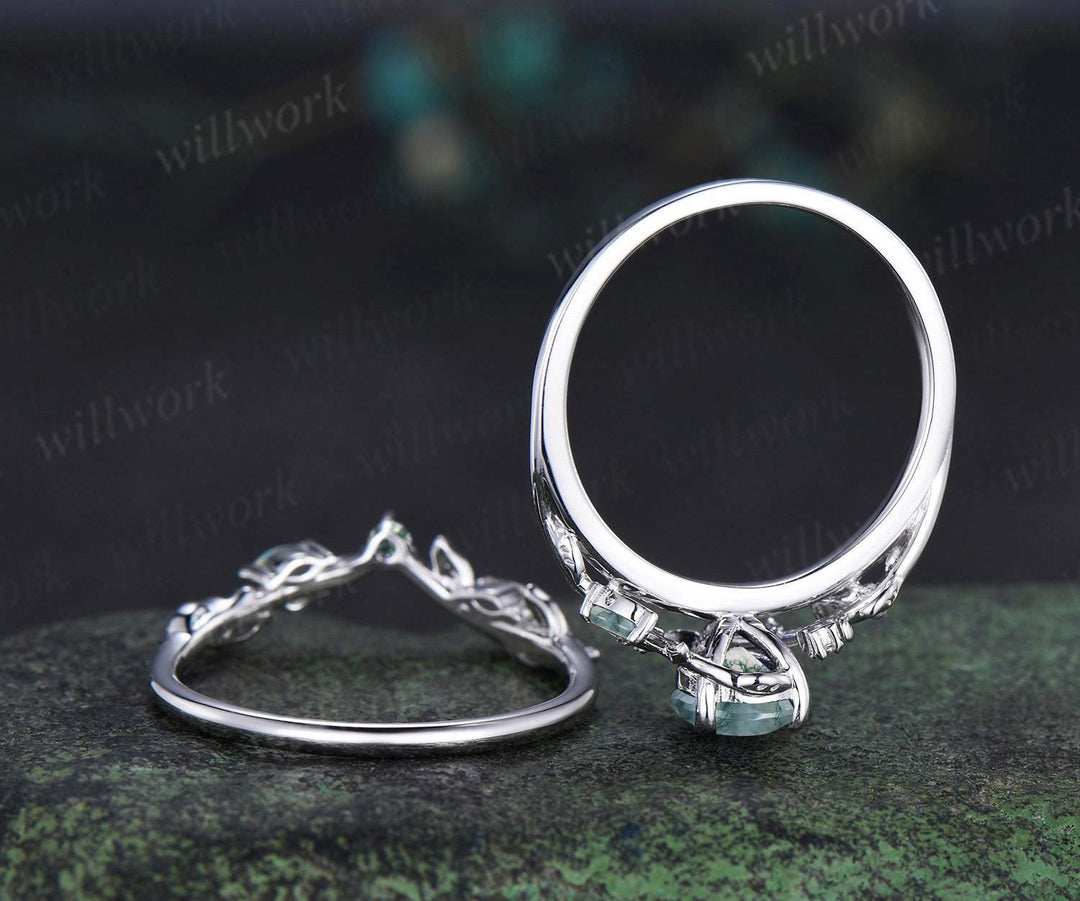 Teardrop pear cut moss agate ring vintage white gold leaf moon engagement ring set nature inspired marquise opal wedding ring silver