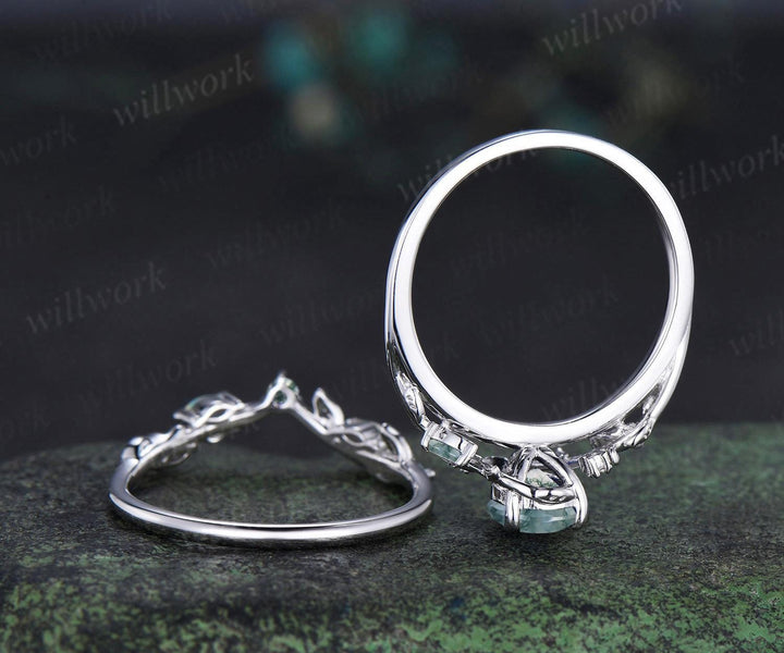 Teardrop pear cut moss agate ring vintage white gold leaf moon engagement ring set nature inspired marquise opal wedding ring silver