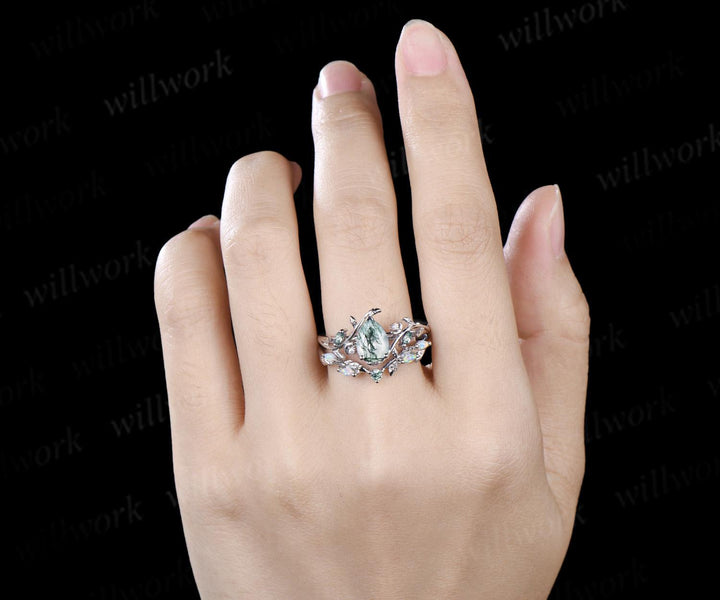 Teardrop pear cut moss agate ring vintage white gold leaf moon engagement ring set nature inspired marquise opal wedding ring silver