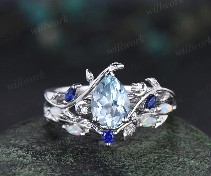 Teardrop pear cut aquamarine ring vintage white gold leaf moon engagement ring marquise opal sapphire ring silver unique bridal set women
