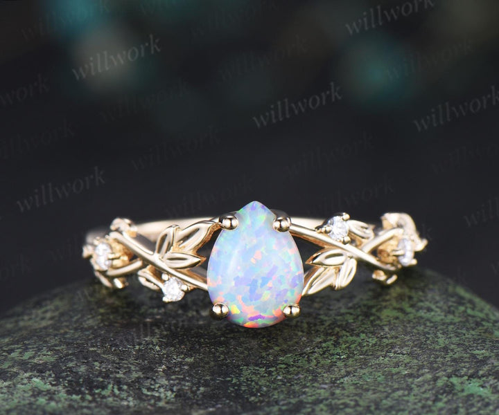 Teardrop pear shaped white opal ring vintage yellow gold infinity leaf engagement ring set peridot bridal ring set women jewelry