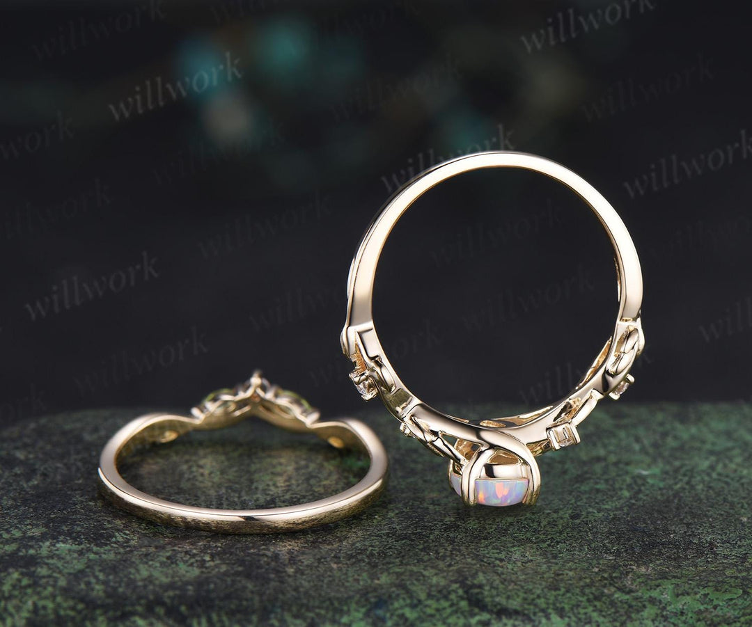 Teardrop pear shaped white opal ring vintage yellow gold infinity leaf engagement ring set peridot bridal ring set women jewelry